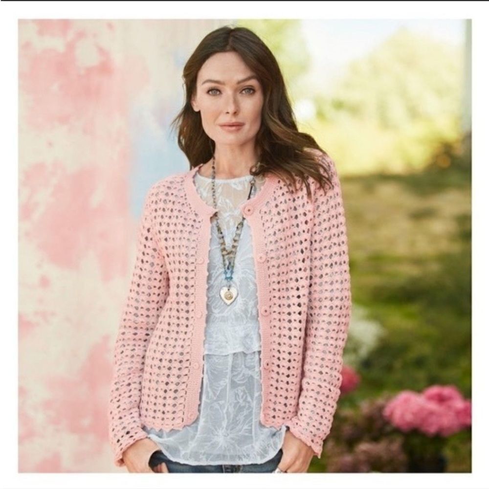 NWT Sundance "Spring Break" Pink Open Knit Crochett 100% Cotton Cardigan size XL